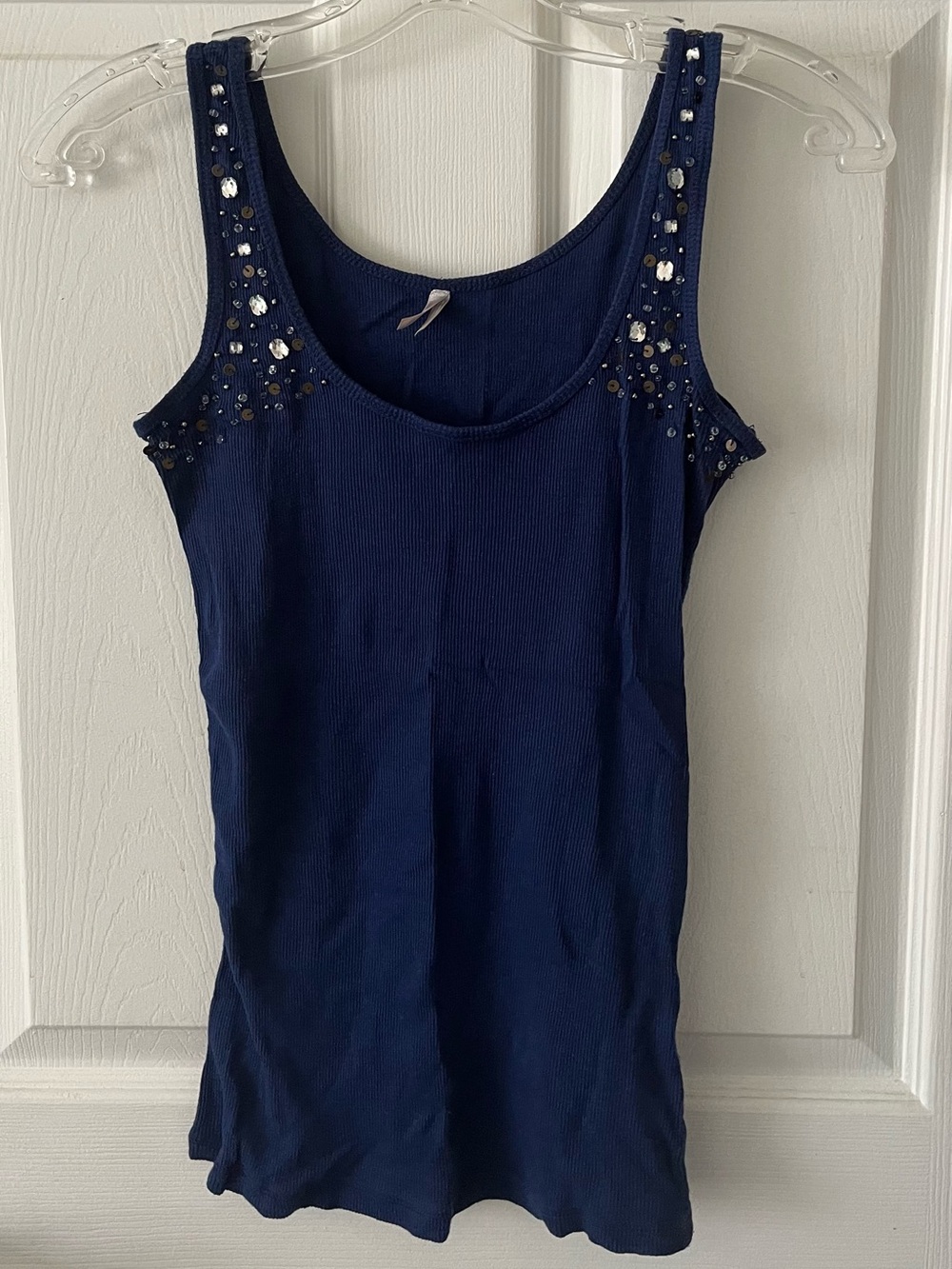 Embellished Navy Ribbed Tank Top